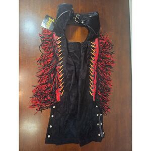 ​Diamond Leathers Motorcycle Chaps Black Suede Red Fringe Bone Accents Size 34